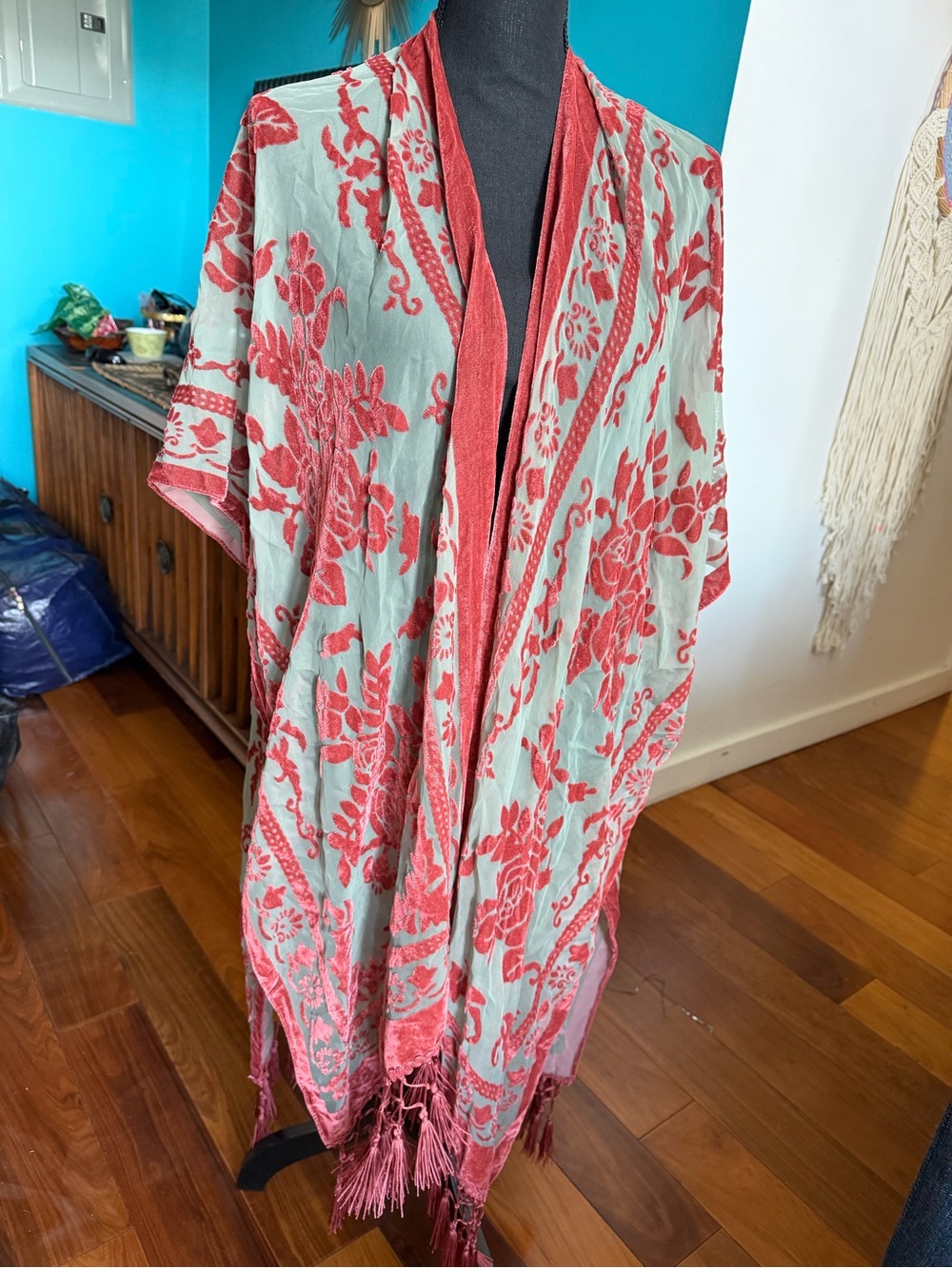 Free People Mint Green and Coral Embroidered Fringe Kimono
